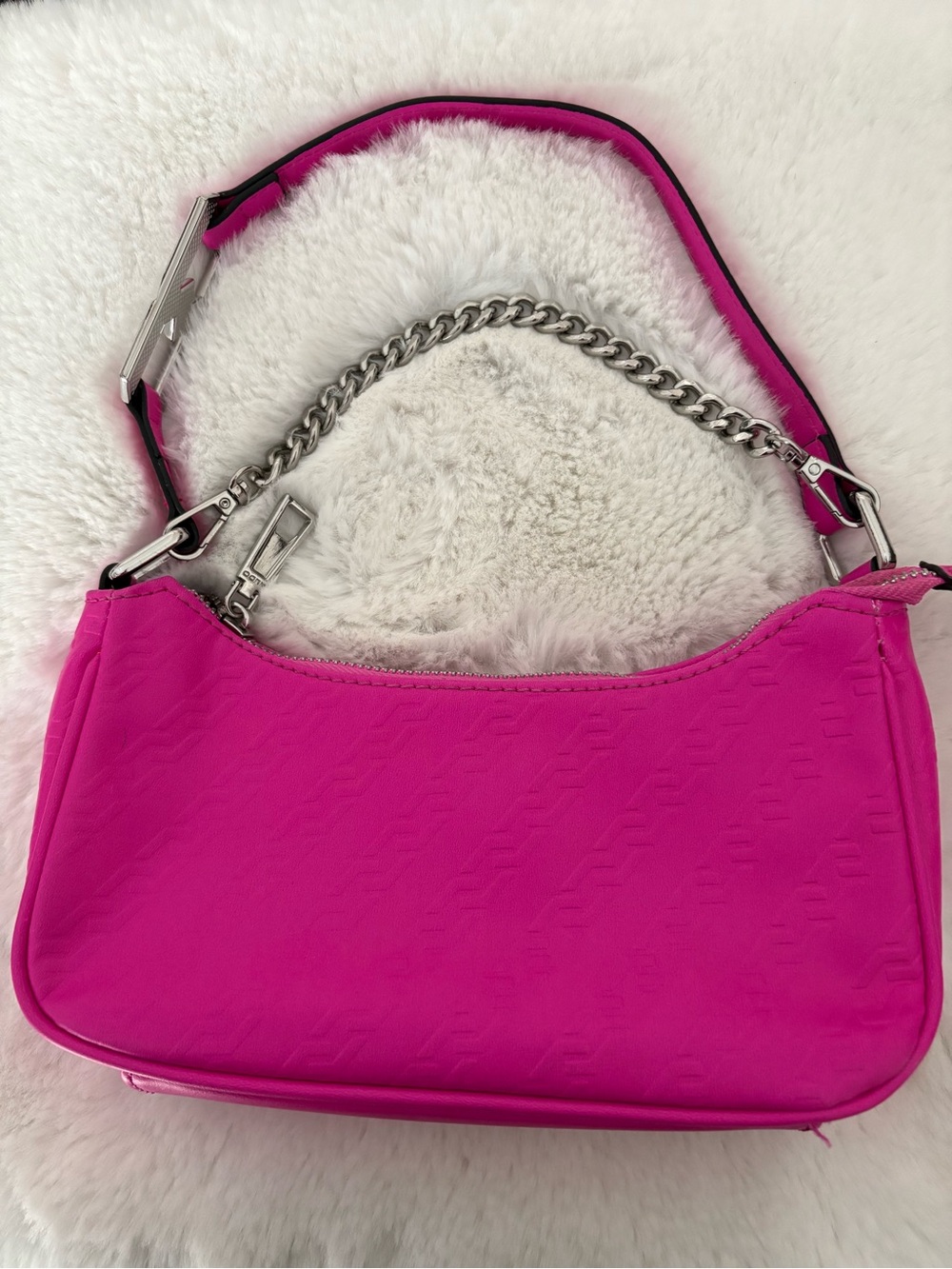 ALDO Hot Pink Monogram Embossed Mini Shoulder Hobo Bag with Chain
